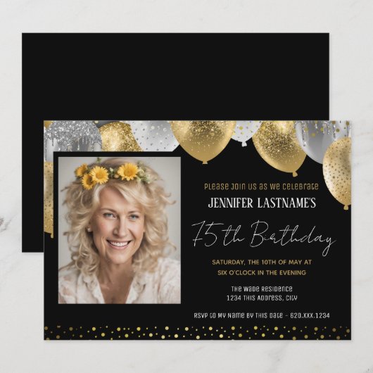 Goud en zwart 75e verjaardag foto uitnodiging (Voorkant / Achterkant)