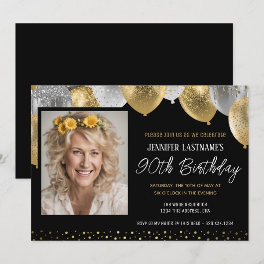 Goud en zwart 90e verjaardag foto uitnodiging (Voorkant / Achterkant)