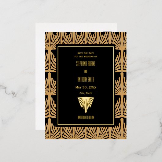 Goud en zwart art deco patroon trouwkaart folie uitnodiging briefkaart (Voorkant / Achterkant)
