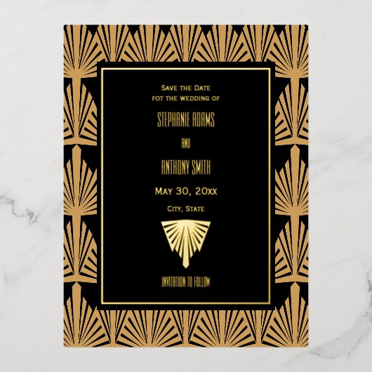Goud en zwart art deco patroon trouwkaart folie uitnodiging briefkaart (Voorkant)