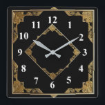 Goud en zwart Art Deco Square Diamond Lijst Vierkante Klok<br><div class="desc">"Art Deco Clock",  "Art Nouveau Clock",  "Gold and Black",  "1920s Square and Diamond",  "Stijlvolle verfijnde 1920-stijl",  "Faux Golden",  "Retro  antiek",  "Elegant patroonontwerp",  "Vierkante klok",  "Ouderwets fancy"</div>