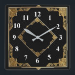 Goud en zwart Art Deco Square Diamond Lijst Vierkante Klok<br><div class="desc">"Art Deco Clock",  "Art Nouveau Clock",  "Gold and Black",  "1920s Square and Diamond",  "Stijlvolle verfijnde 1920-stijl",  "Faux Golden",  "Retro  antiek",  "Elegant patroonontwerp",  "Vierkante klok",  "Ouderwets fancy"</div>