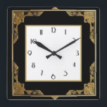 Goud en zwart Art Deco Vierkant Lijst Vierkante Klok<br><div class="desc">"Art Deco Clock",  "Art Nouveau Clock",  "Gold and Black",  "1920s Square",  "Stijlvolle verfijnde 1920-stijl",  "Faux Golden",  "Retro  antiek",  "Elegant patroonontwerp",  "Square Clock",  "Ouderwets fancy"</div>