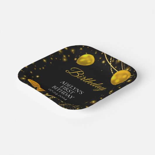 "Goud en zwart Baby Eerste Verjaardag" Papieren Bordje (Gebogen)