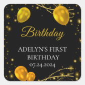"Goud en zwart Baby Eerste Verjaardag" Vierkante Sticker (Voorkant)