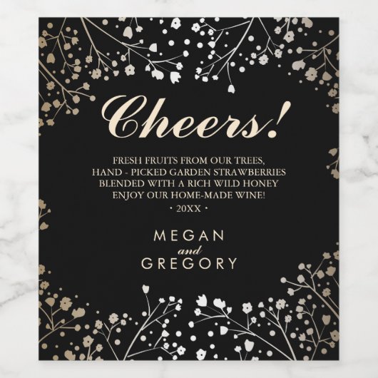 Goud en zwart Baby's Breath Elegant Wijn Etiket (Enkel label)