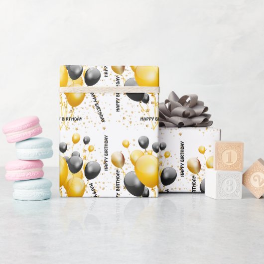 Goud en zwart ballon - Birthday Wrapping Paper Cadeaupapier (Baby Shower)