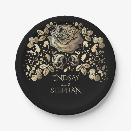 Goud en Zwart  Bloemen Bruiloft Papieren Bordje (Voorkant)