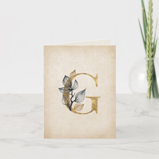 Goud en Zwart Bloemen G Monogram Met Bladeren Notitiekaartje (Voorkant)