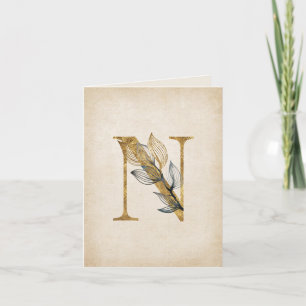 Goud en zwart bloemig N Monogram met bladeren Notitiekaartje