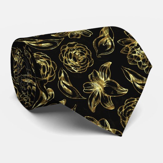 Goud en zwart  bloemmotief stropdas (Opgerold)