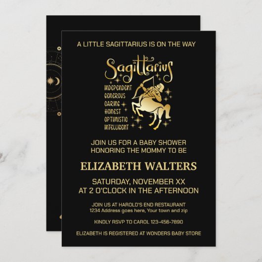 Goud en zwart Boogschutter Zodiac Baby shower Kaart (Voorkant / Achterkant)