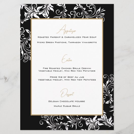 Goud en zwart bruiloft receptie menu (Achterkant)