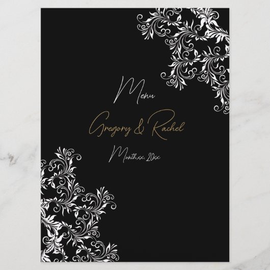 Goud en zwart bruiloft receptie menu (Voorkant)