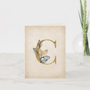 Goud en zwart C Monogram met bladeren Notitiekaartje