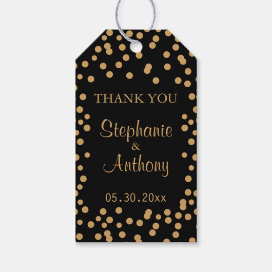 Goud en zwart Confetti bruiloft Cadeaulabel (Voorkant)