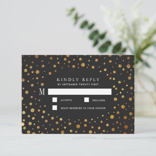 Goud en Zwart Confetti Folie Bruiloft RSVP Kaarten (Staand voorkant)