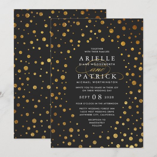 Goud en zwart Confetti Folie bruiloft uitnodiginge Kaart (Voorkant / Achterkant)
