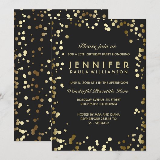 Goud en zwart Confetti  verjaardagsfeest Kaart (Voorkant / Achterkant)