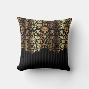 Goud en zwart, Damask en Stripes Kussen