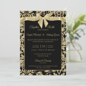 Goud en zwart Damask met Boog Wedding Kaart (Staand voorkant)