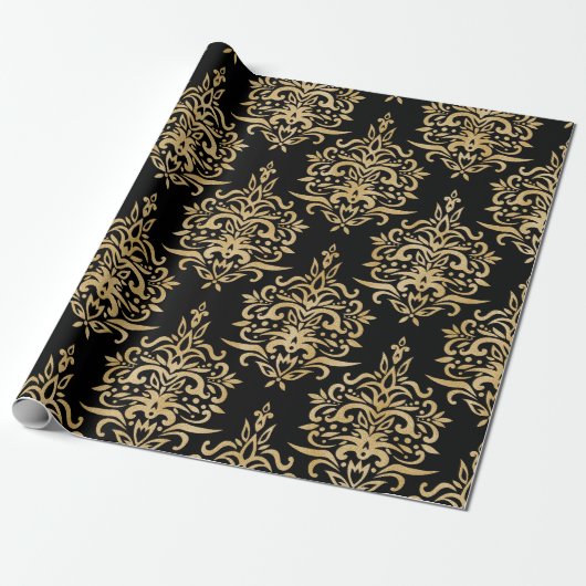 Goud en zwart, Damask Pattern. Cadeaupapier (Uitgerold)