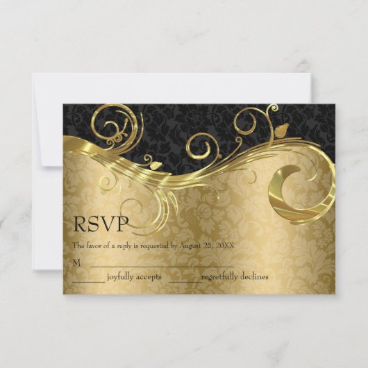 Goud en zwart Damask - RSVP Kaartje (Voorkant)