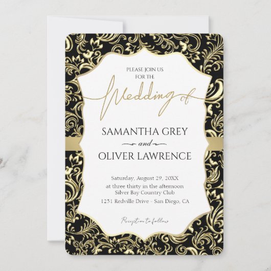 Goud en zwart Damask Uitnodiging (Voorkant)