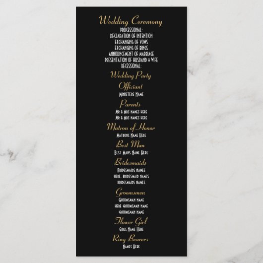 Goud en zwart damast kerk huwelijksprogramma programmakaart (Achterkant)