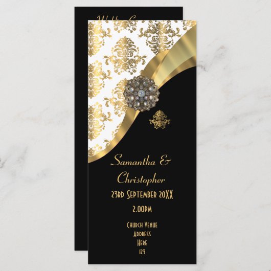 Goud en zwart damast kerk huwelijksprogramma programmakaart (Voorkant / Achterkant)