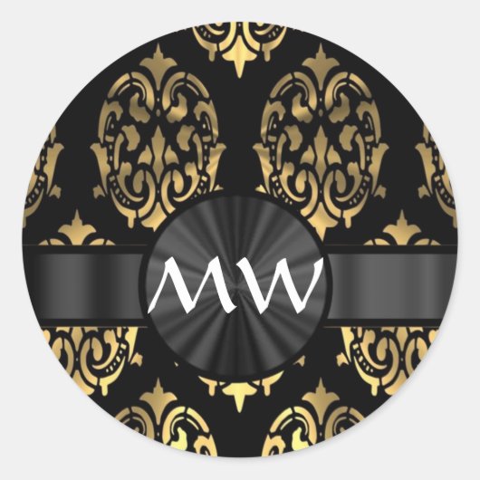 Goud en zwart damast ronde sticker (Voorkant)