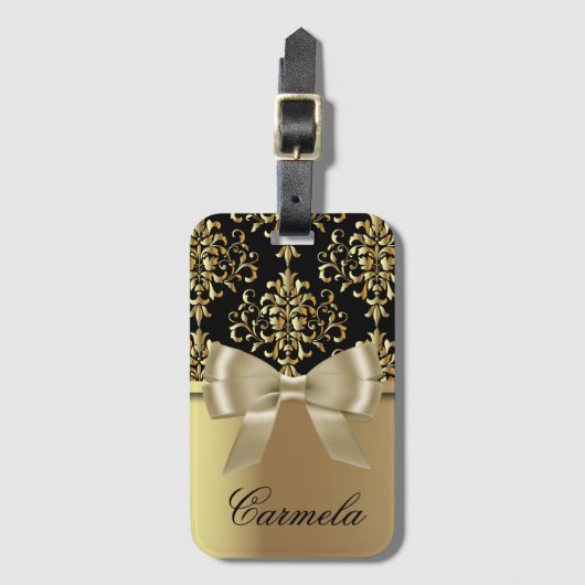 Goud en zwart dasje met buig Stropdas en aangepast Bagagelabel (Voorkant (verticaal))