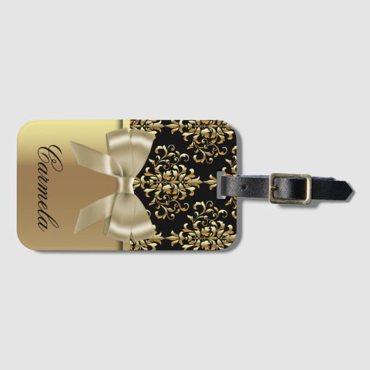 Goud en zwart dasje met buig Stropdas en aangepast Bagagelabel (Voorkant (horizontaal))