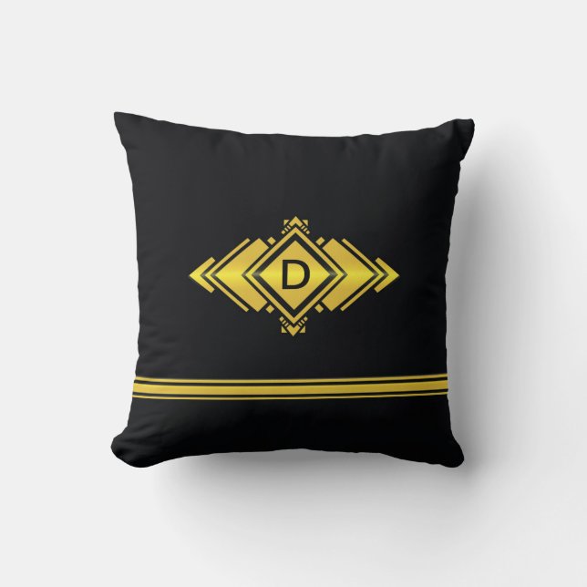 Goud en zwart deco-stijlzwart monogram kussen (Voorkant)
