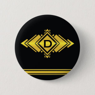 Goud en zwart deco-stijlzwart monogram ronde button 5,7 cm