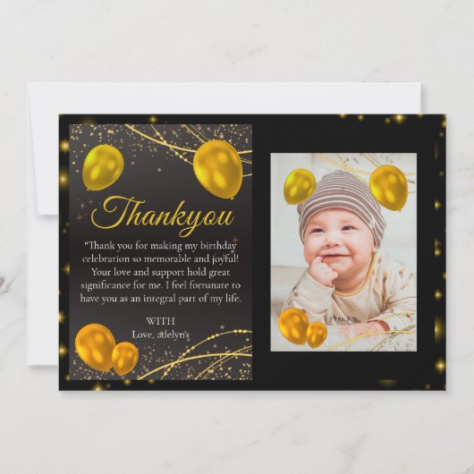 Goud en Zwart Eerste Verjaardagsfoto dank u kaart (Voorkant)