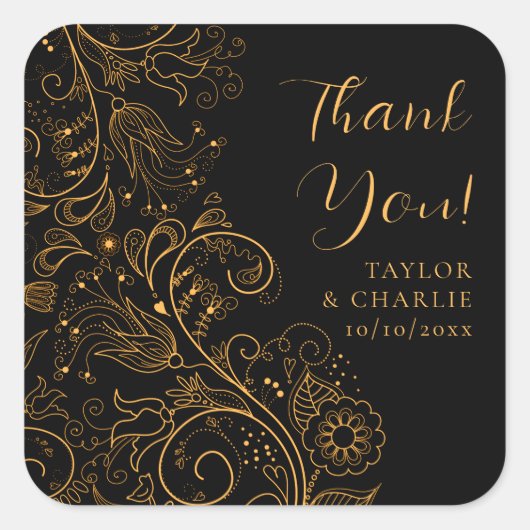Goud en zwart Elegant Bloemen Bruiloft Dank u Vierkante Sticker (Voorkant)