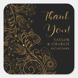 Goud en zwart Elegant Bloemen Bruiloft Dank u Vierkante Sticker