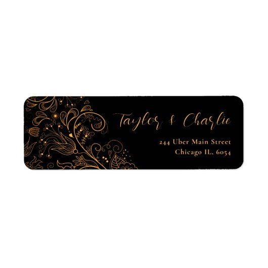 Goud en zwart Elegant Bloemen Bruiloft Etiket (Voorkant)