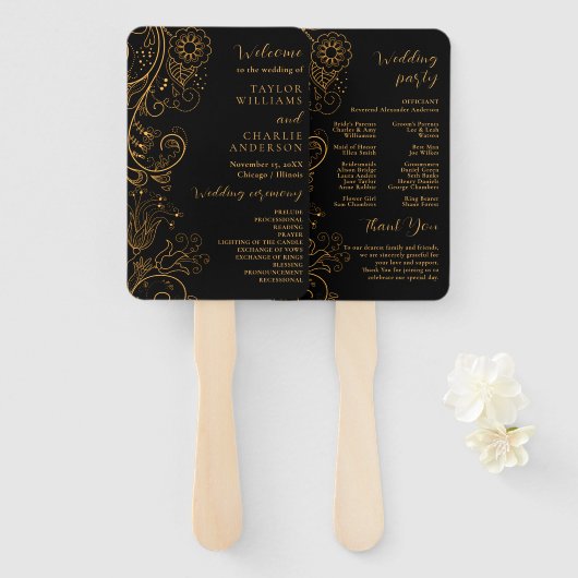 Goud en zwart Elegant Bloemen Bruiloft Programma Handwaaier (Voorkant en achterkant)