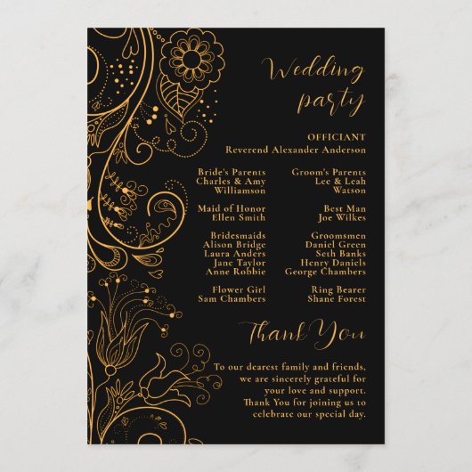 Goud en zwart Elegant Bloemen Bruiloft Programma Programmakaart (Achterkant)