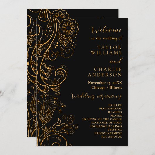 Goud en zwart Elegant Bloemen Bruiloft Programma Programmakaart (Voorkant / Achterkant)