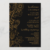 Goud en zwart Elegant Bloemen Bruiloft Programma Programmakaart (Voorkant)