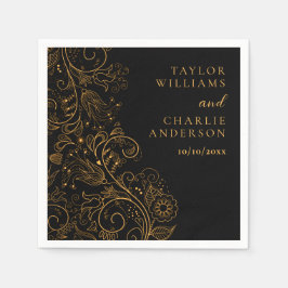 Goud en zwart Elegant Bloemen Bruiloft Servet