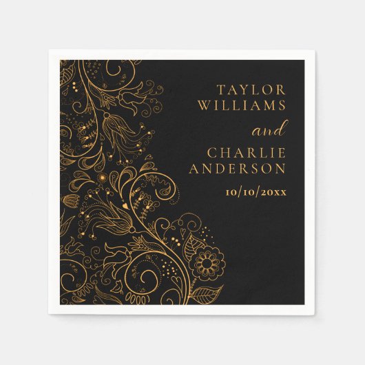 Goud en zwart Elegant Bloemen Bruiloft Servet (Voorkant)