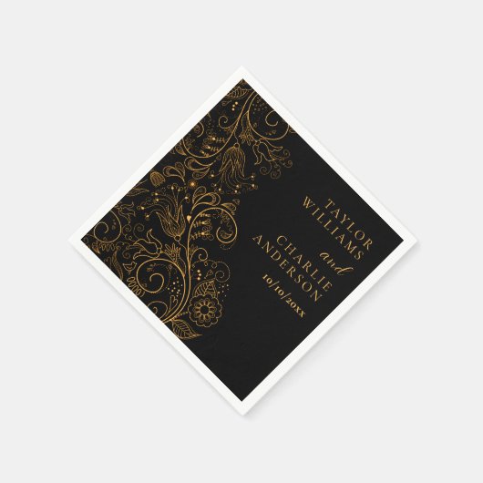 Goud en zwart Elegant Bloemen Bruiloft Servet (Hoek)