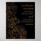 Goud en zwart Elegant Bloemen Bruiloft Welkom Poster (Voorkant)
