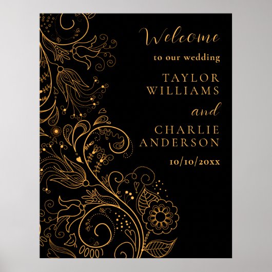 Goud en zwart Elegant Bloemen Bruiloft Welkom Poster (Voorkant)