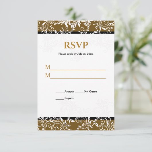 Goud en zwart Elegant Wedding Reply Kaart (Staand voorkant)