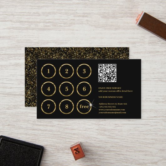 Goud en zwart Elegante QR Code Loyalty Kaart (Voorkant / Achterkant in situ)